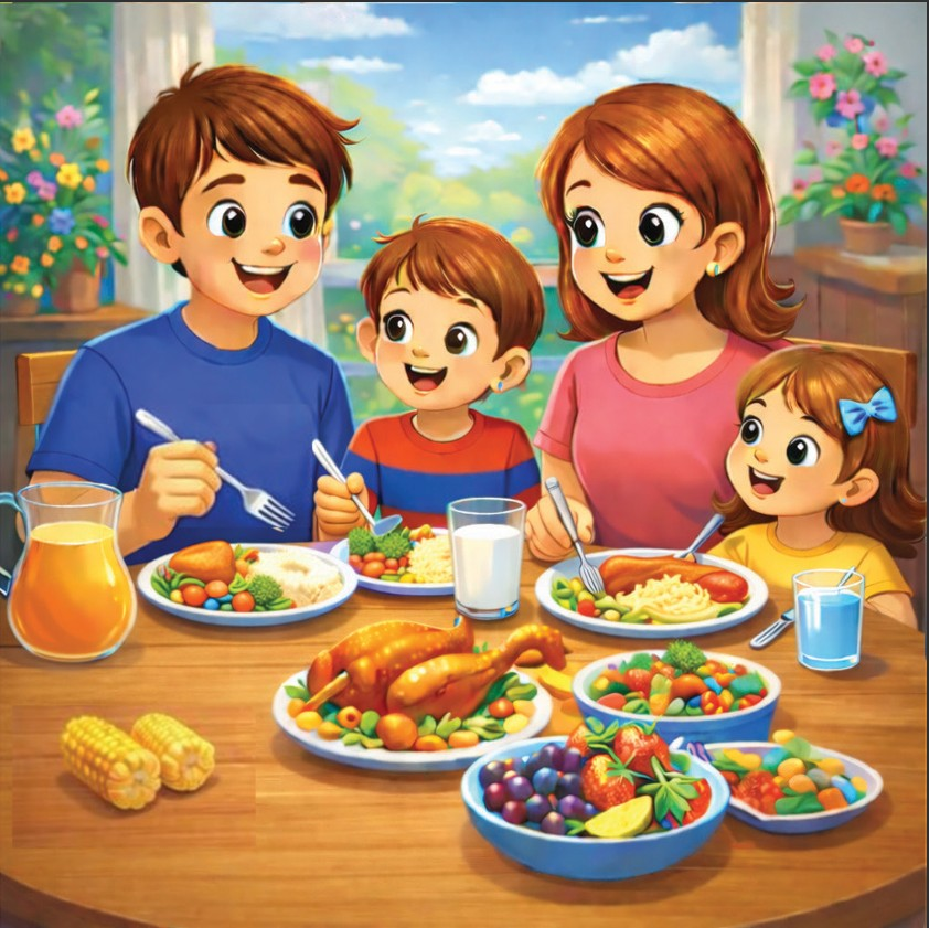 A happy family sharing a colorful meal together